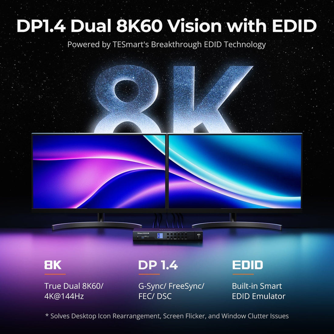 TESmart DKS402-M24-USBK DP 1.4 Dual 8K@60Hz KVM Switch with Network Hub &amp; Smart EDID – for IT Pros, Creators &amp; Multi-PC Setups DP 1.4 Dual 8K@60Hz KVM Switch with Network Hub &amp; Smart EDID – for IT Pros, Creators &amp; Multi-PC Setups