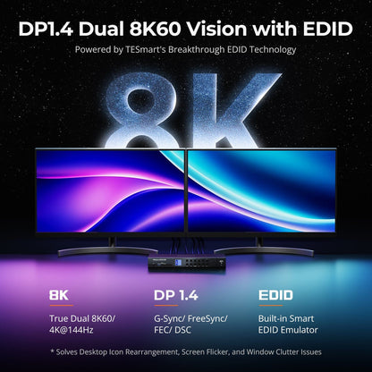TESmart DKS402-M24-USBK DP 1.4 Dual 8K@60Hz KVM Switch with Network Hub &amp; Smart EDID – for IT Pros, Creators &amp; Multi-PC Setups DP 1.4 Dual 8K@60Hz KVM Switch with Network Hub &amp; Smart EDID – for IT Pros, Creators &amp; Multi-PC Setups