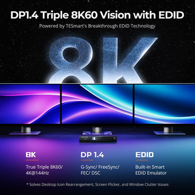 TESmart DP 1.4 Triple 8K@60Hz KVM Switch Hub for 4 PCs 3 Monitors, with EDID, Audio/USB Lock & Multi-Switching DP 1.4 Triple 8K@60Hz KVM Switch Hub for 4 PCs 3 Monitors, with EDID, Audio/USB Lock & Multi-Switching