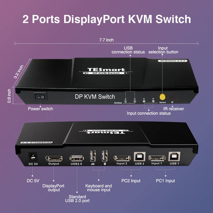 TESmart DP KVM Switcher 2 Port DisplayPort 1.2 KVM Switch 4K60Hz with USB Hub DP KVM switch 2 port 4K60Hz with EDID,USB hub,L/R Audio TESmart