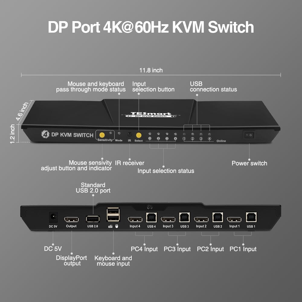 TESmart DP KVM Switcher 4 Port DisplayPort 1.2 KVM Switch 4K60Hz with USB Hub DP KVM switch 4K HDR connect 4 pc sharing USB,audio TESmart