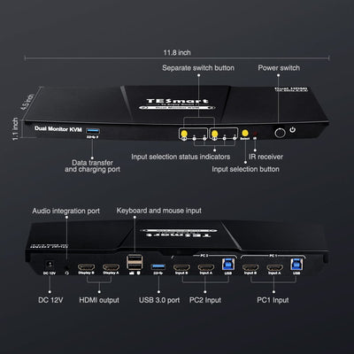 TESmart Dual Monitor KVM Switcher 2 Port Dual Monitor KVM Switch Kit HDMI 4K60Hz with USB 3.0 Docking Station, EDID