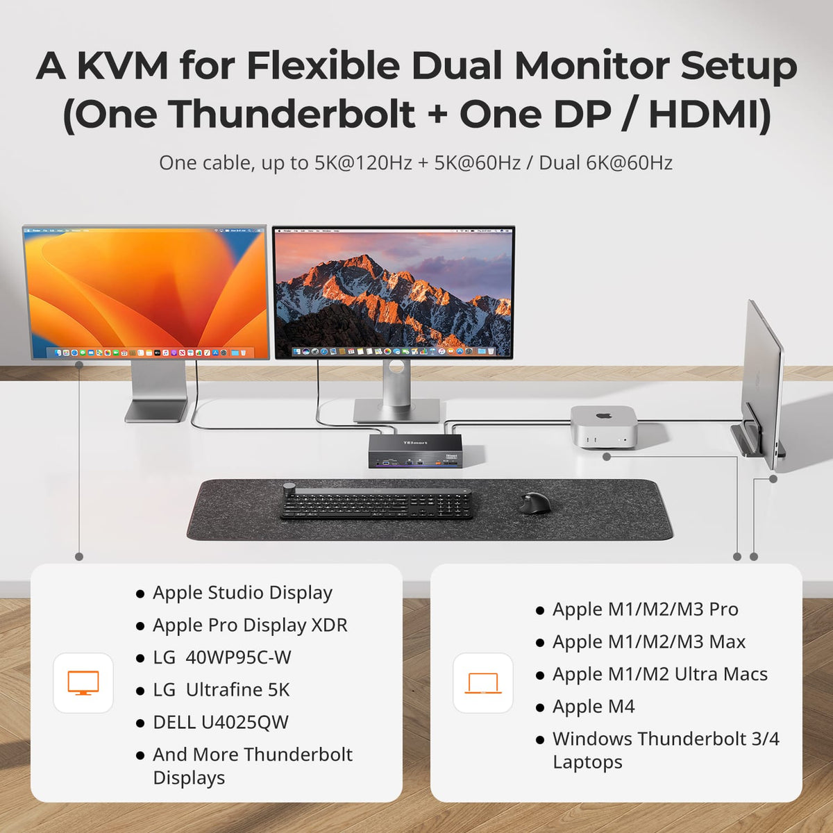 TESmart Dual Monitor KVM Switcher 2×2 KVM for Apple Studio Displays | Up to 5K120 / Dual 6K60, Thunderbolt™ 4 Compatible 2×2 KVM for Apple Studio Displays | 5K120/6K60, Thunderbolt 4 Compatible