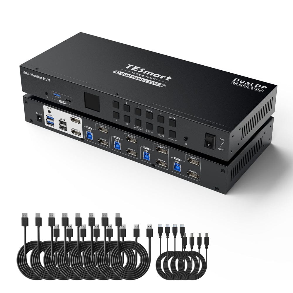 TESmart Dual Monitor KVM Switcher 4 Port Dual Monitor KVM Switch Kit DP 4K60Hz with USB 3.0 Docking Station, EDID 4 Port Dual Monitor KVM Switch Kit DP 4K60Hz with USB 3.0 Docking Station, EDID