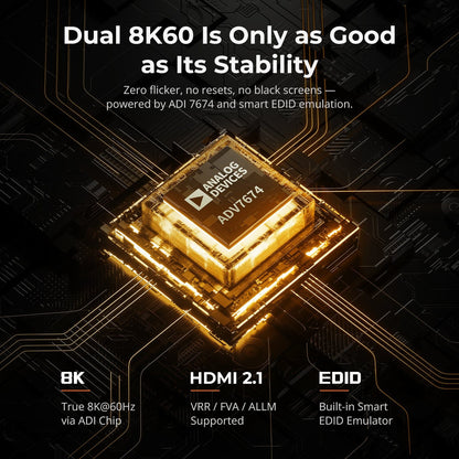 TESmart Dual Monitor KVM Switcher HDMI 2.1 &amp; DP 1.4 Dual 4K144Hz KVM Switch Gaming Dock for 2 PCs &amp; 2 Monitors, w/ ADI Chip, EDID, VRR, FVA, ALLM, and Dynamic HDR HDMI 2.1 &amp; DP 1.4 Dual 4K144Hz VRR KVM Switch for 2 PCs &amp; 2 Monitors, ADI Chip, EDID, HDR | TESmart