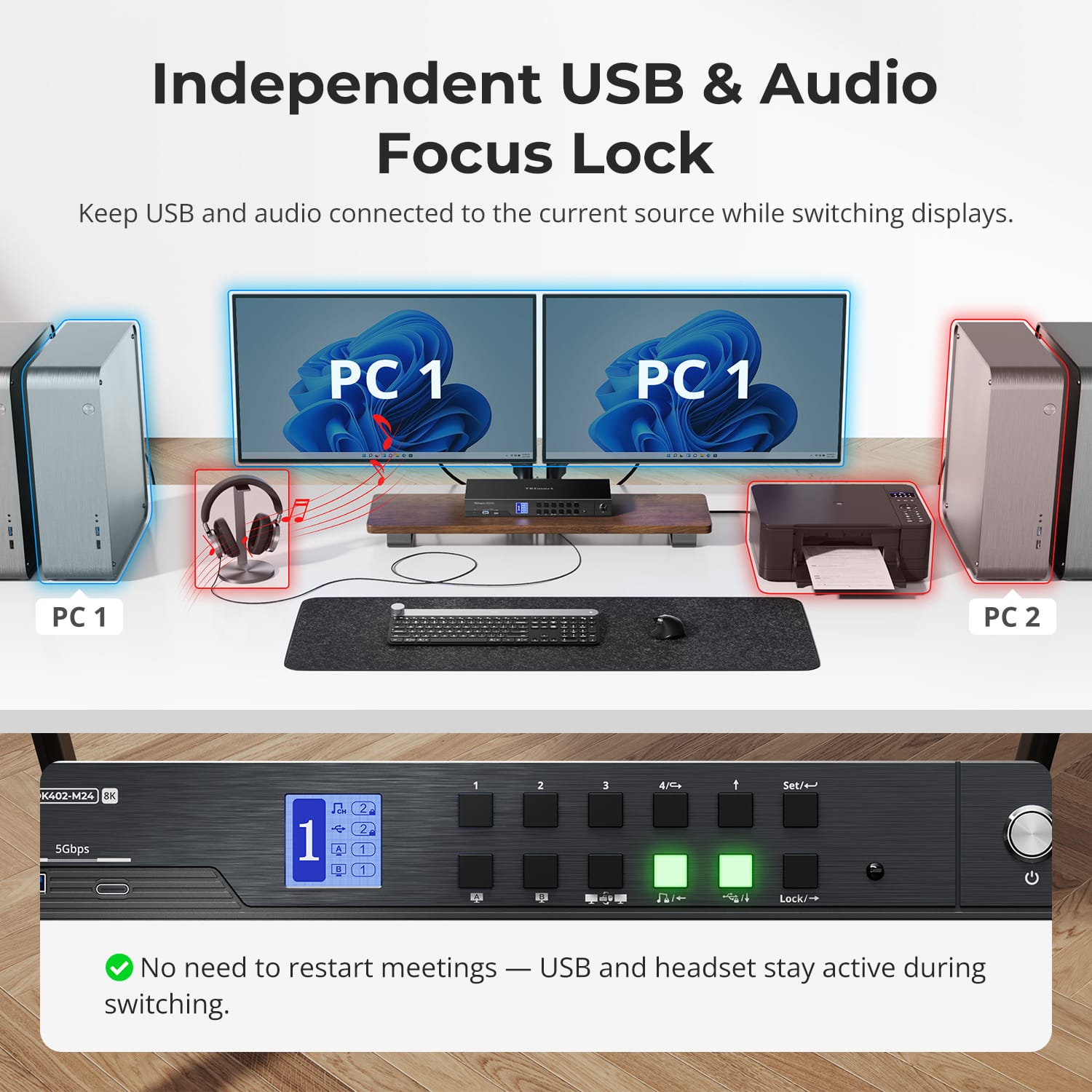TESmart Dual Monitor KVM Switcher HDMI 2.1 &amp; DP 1.4 Dual 4K144Hz KVM Switch Gaming Dock for 4 PCs &amp; 2 Monitors, w/ ADI Chip, EDID, VRR, FVA, ALLM, and Dynamic HDR 4-Port HDMI 2.1 &amp; DP 1.4 4K144Hz VRR KVM Switch with ADI Chip | TESmart