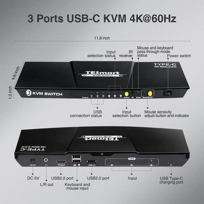 TESmart Electronics 3 Port USB-C KVM Switch 4K60Hz withUSB Hub and Audio Port USB-C KVM switch 3 port 4K60Hz with EDID,USB hub TESmart