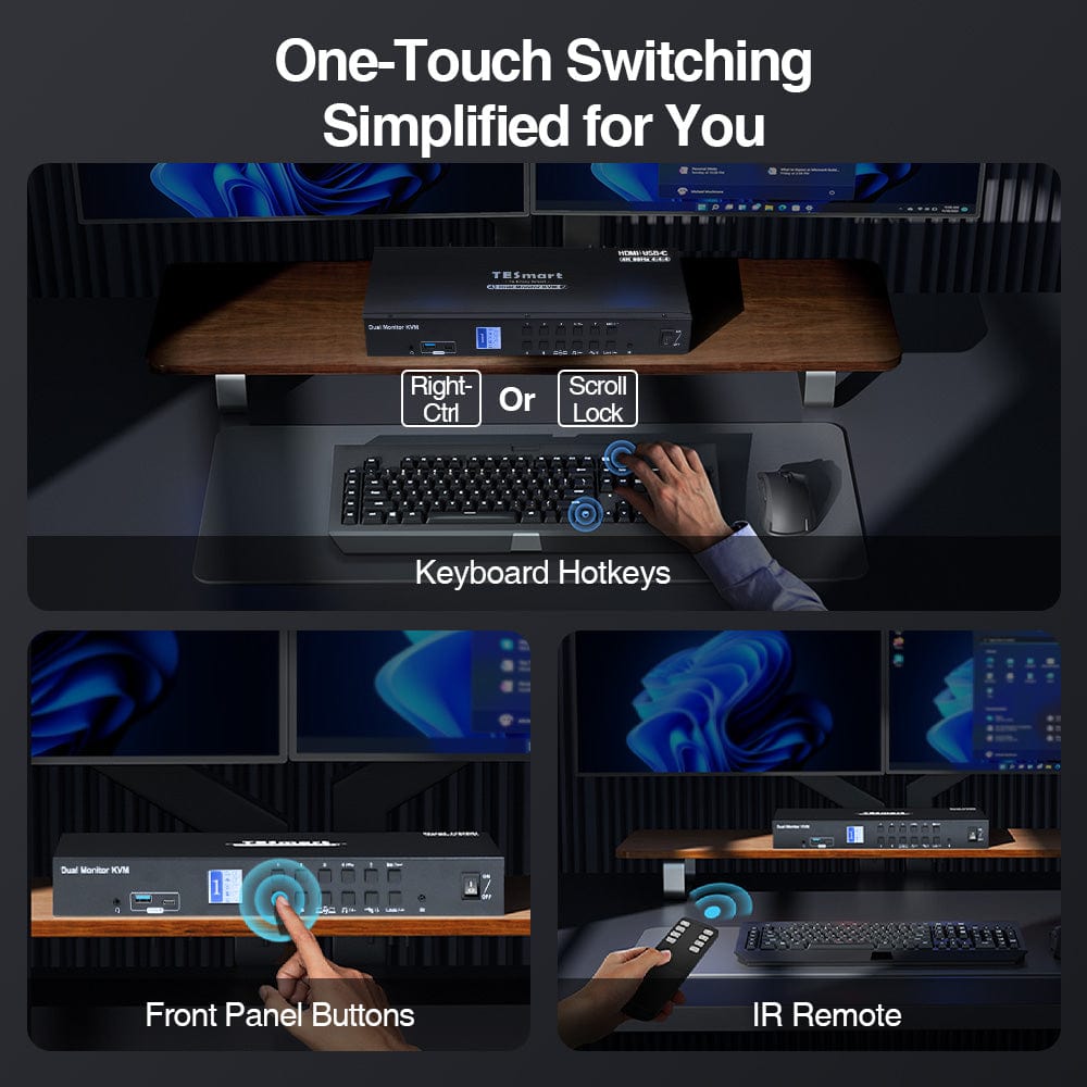 TESmart HCK402-P23-USBK Dual Monitor KVM Switcher Dual Monitor USB-C KVM Docking Station Kit - 4K60Hz, MST, EDID for 2 Laptops &amp; 2 PCs 10652805090464 Dual Monitor USB-C KVM Dock - 4K60Hz, MST, EDID for 2 Laptops &amp; 2 PCs US Plug
