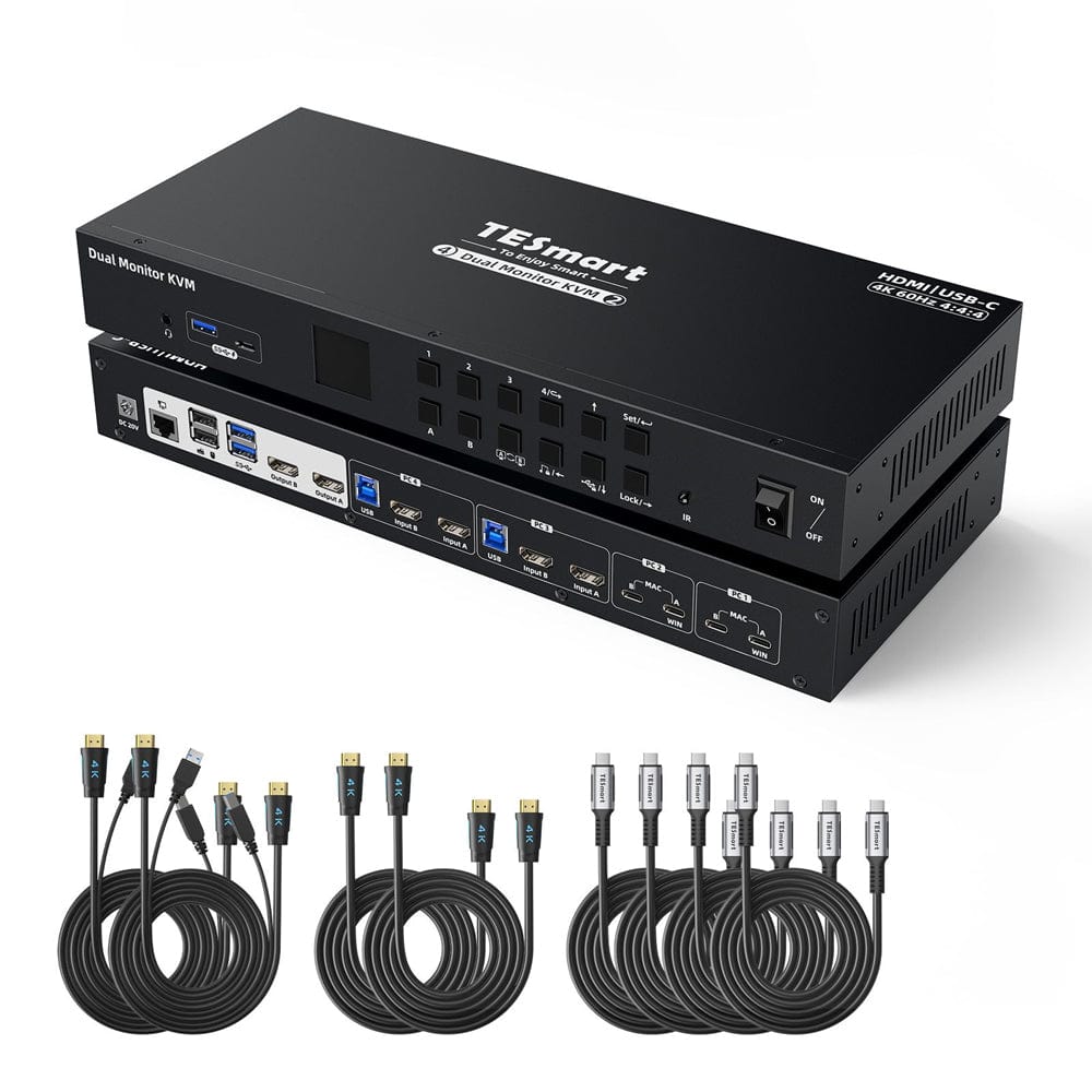 TESmart HCK402-P23-USBK Dual Monitor KVM Switcher Dual Monitor USB-C KVM Docking Station Kit - 4K60Hz, MST, EDID for 2 Laptops &amp; 2 PCs 10652805090464 USB-C KVM Switch Dual Monitor - 2 Laptops &amp; 2 PCs, 4K60Hz, MST, EDID | TESmart US Plug
