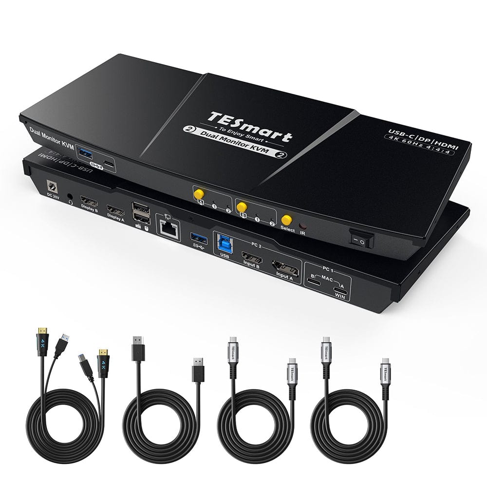 TESmart HDC202-P23-USBK Dual Monitor KVM Switcher Dual 4K60Hz Hybrid KVM Docking Station Kit - USB-C with MST & EDID for 1 Laptop & 1 Desktop 10652805090532 Dual 4K60Hz Hybrid KVM Dock - For 1 Laptop & 1 Desktop US Plug