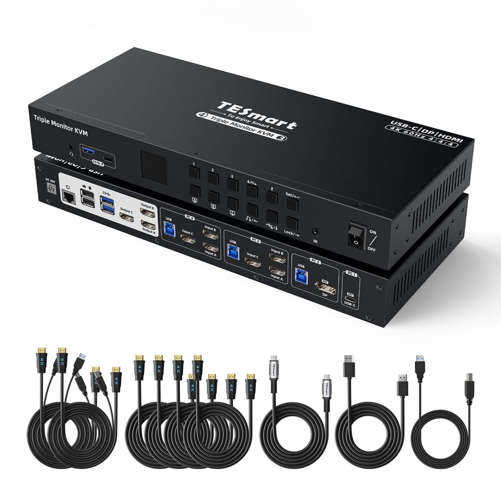 TESmart HDC403-P23-USBK Triple Monitor KVM Switch Triple Monitor MST KVM Docking Station Kit - 4K60Hz, EDID for 1 Laptop & 3 PCs 10652805090471 Triple Monitor MST KVM Dock - 4K60Hz, EDID for 1 Laptop & 3 PCs US Plug