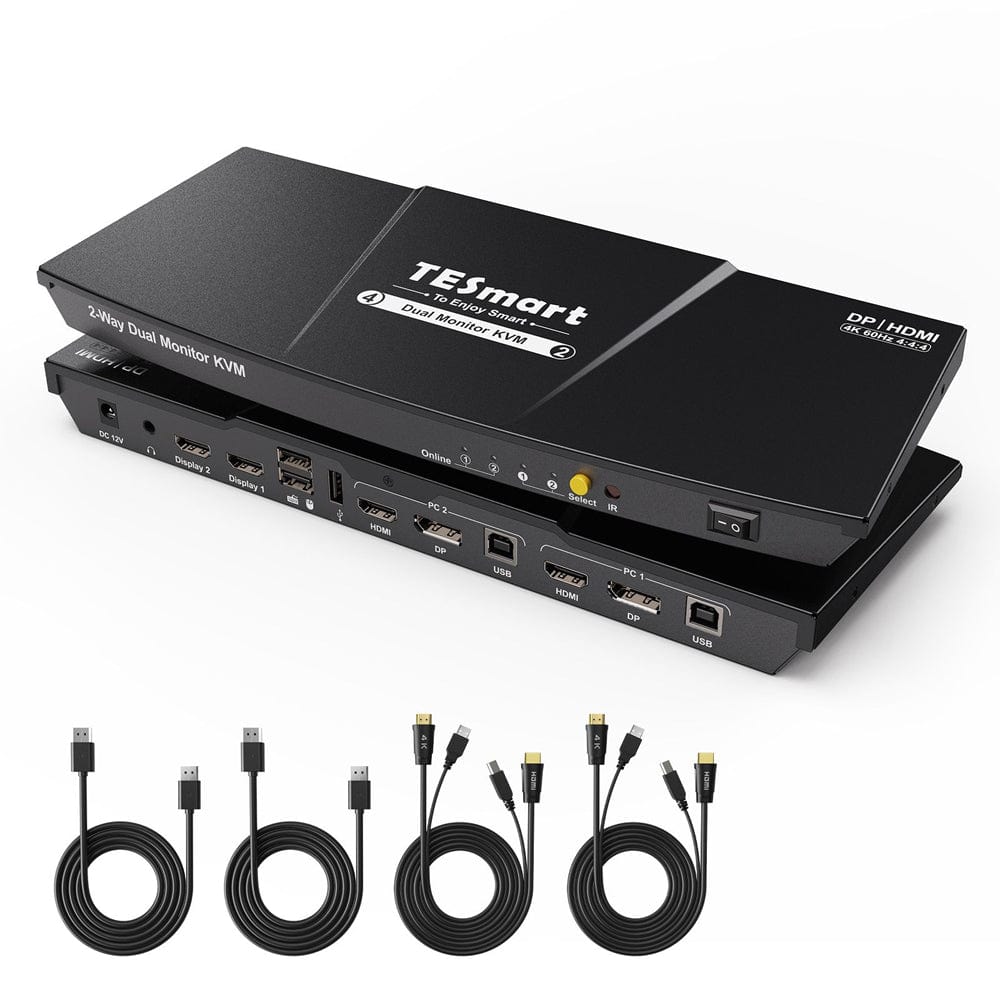 TESmart HDK202-E23-USBK Dual Monitor KVM Switcher 2 Port Dual Monitor KVM Switch Kit HDMI+DP 4K60Hz with EDID 10659135226563 Dual monitor KVM switch 2 way HDMI2.0 DP 4K60Hz EDID TESmart US Plug / Black
