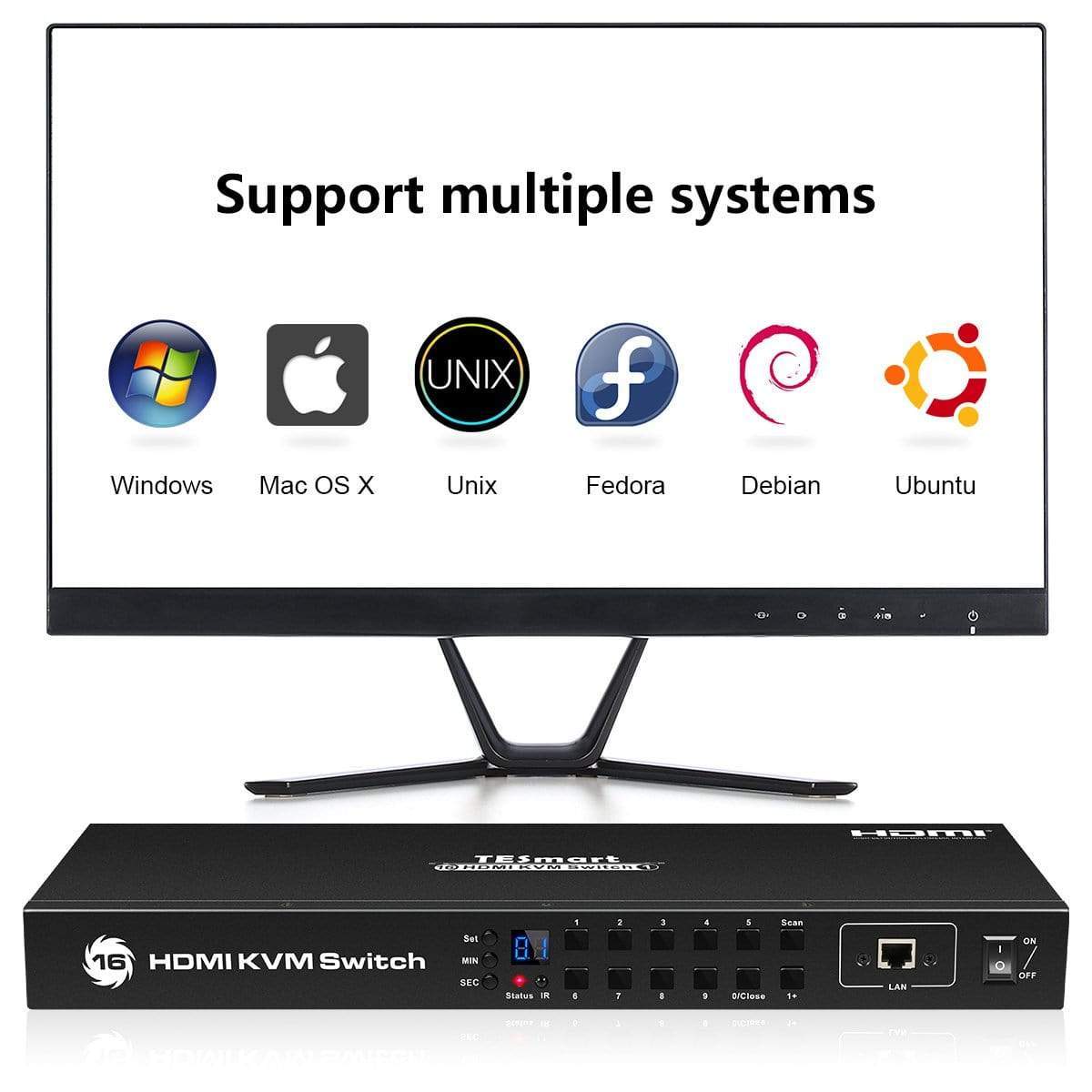 TESmart HDMI KVM Switcher 16 Port HDMI KVM Switch 4K30Hz Support RS232/LAN Control HDMI KVM switch 16 port 4K USB hub, Rackmount, RS232 TESmart