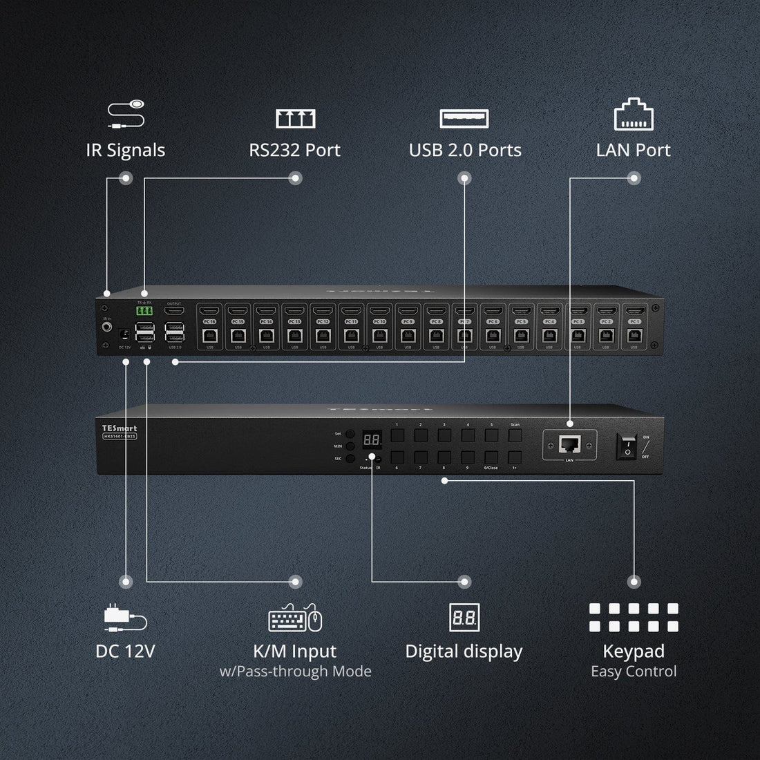 TESmart HDMI KVM Switcher 16 Port HDMI KVM Switch 4K30Hz Support RS232/LAN, Upgraded for Broader Compatibility and Stability HDMI KVM switch 16 port 4K USB hub, Rackmount, RS232 TESmart