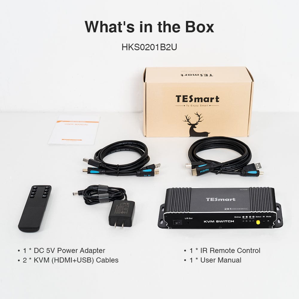 TESmart HDMI KVM Switcher 2 Port KVM Switch Kit HDMI 4K60Hz with EDID, 2 PCs 1 Monitor - B Series HDMI KVM switch 2 port 4K60Hz with EDID,USB hub,L/R Audio TESmart