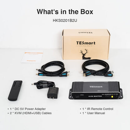 TESmart HDMI KVM Switcher 2 Port KVM Switch Kit HDMI 4K60Hz with EDID, 2 PCs 1 Monitor - B Series HDMI KVM switch 2 port 4K60Hz with EDID,USB hub,L/R Audio TESmart