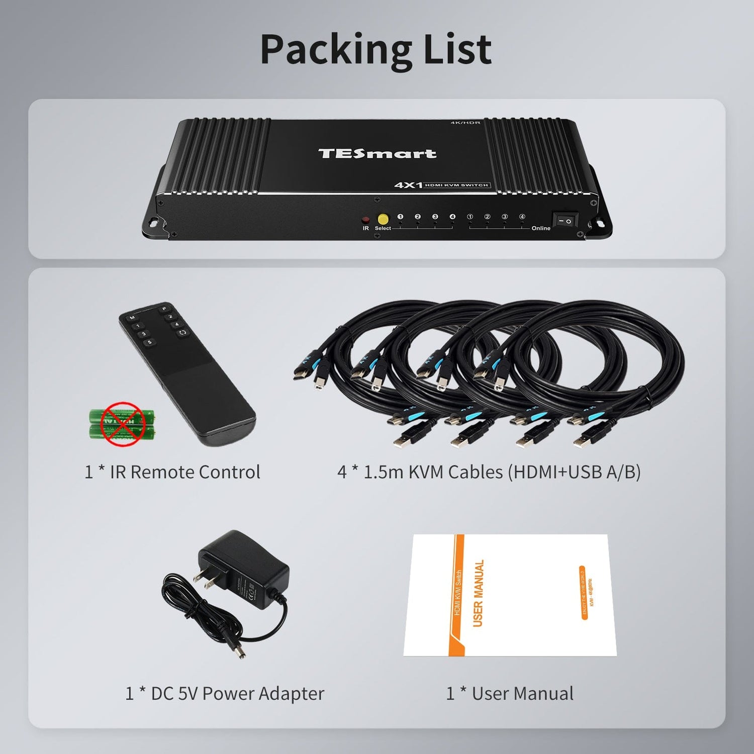 TESmart HDMI KVM Switcher 4 Port KVM Switch Kit HDMI 4K60Hz with EDID, 4 PCs 1 Monitor - B Series HDMI KVM switch 4K HDR connect 4 pc sharing USB, audio TESmart