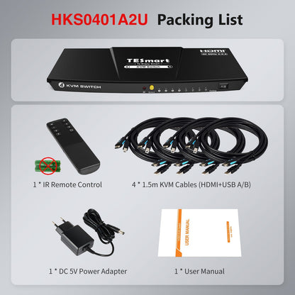 TESmart HDMI KVM Switcher 4 Port KVM Switch Kit HDMI 4K60Hz with EDID, 4 PCs 1 Monitor HDMI KVM switch 4 port 4K60Hz with EDID,USB hub TESmart
