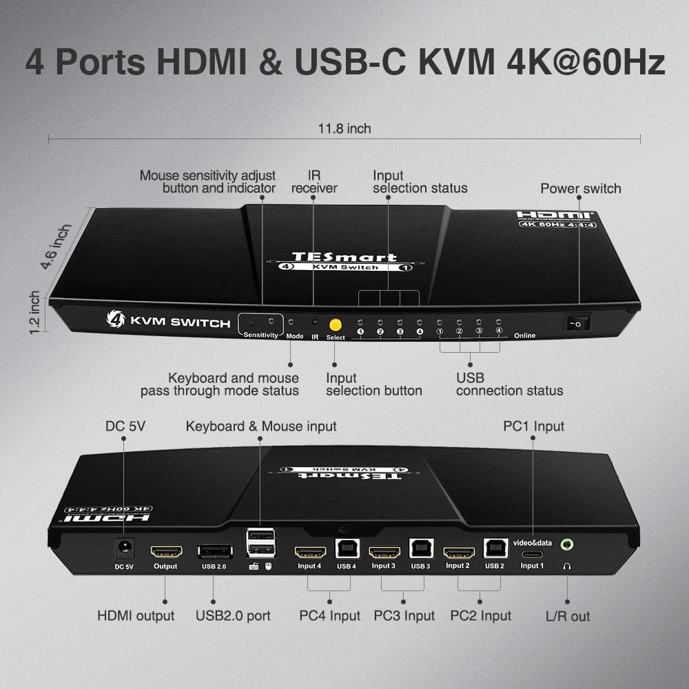 TESmart HDMI KVM Switcher 4 Ports USB-C KVM Switch 4K60Hz HDMI &amp; 3 HDMI + 1 Type-C KVM switch USB-C HDMI 4port  4K60Hz with EDID,USB hub TESmart