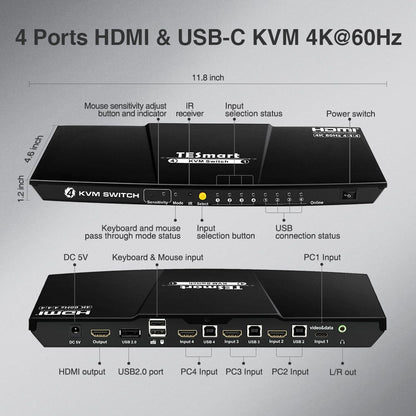 TESmart HDMI KVM Switcher 4 Ports USB-C KVM Switch 4K60Hz HDMI &amp; 3 HDMI + 1 Type-C KVM switch USB-C HDMI 4port  4K60Hz with EDID,USB hub TESmart