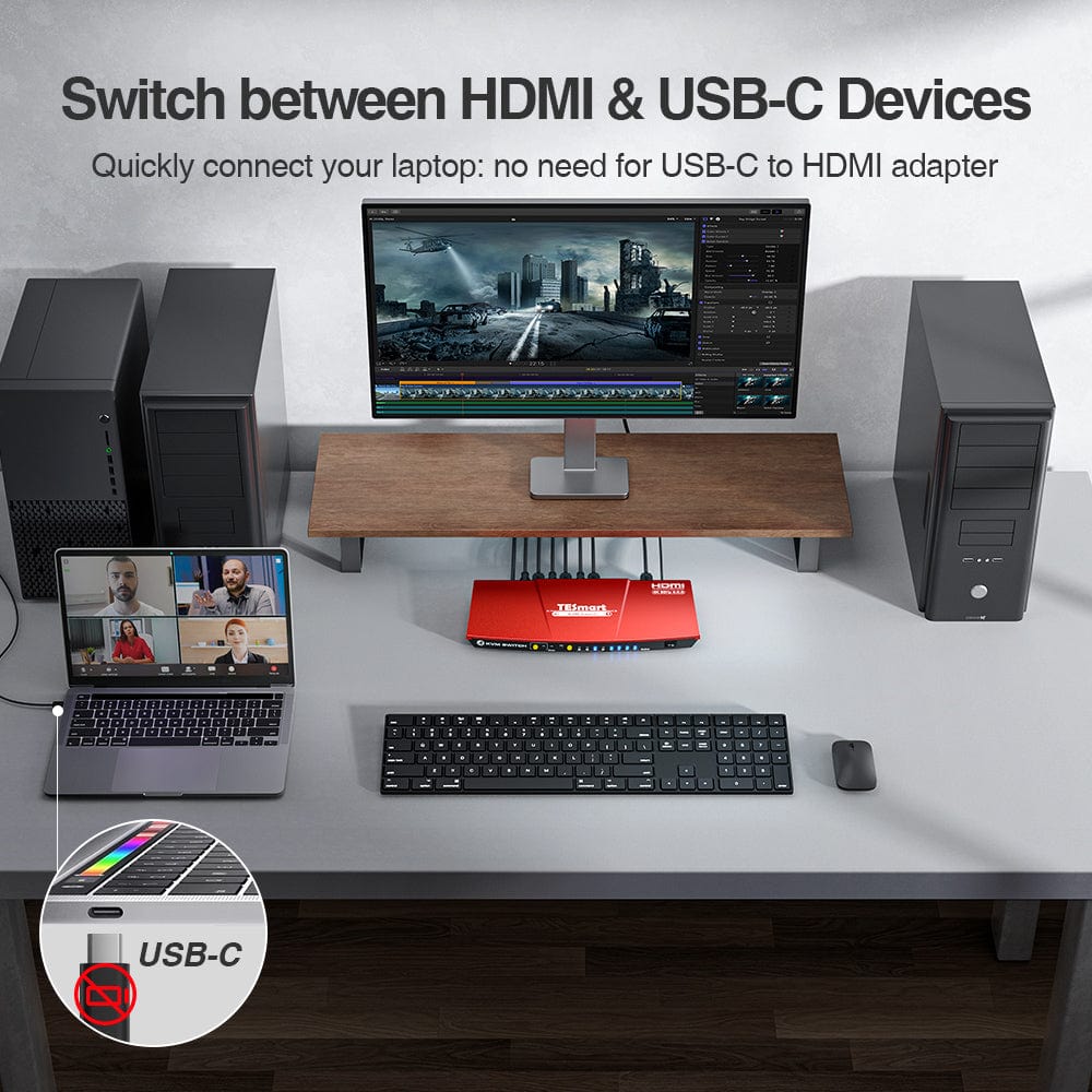 TESmart HDMI KVM Switcher 4 Ports USB-C KVM Switch 4K60Hz HDMI &amp; 3 HDMI + 1 Type-C KVM switch USB-C HDMI 4port  4K60Hz with EDID,USB hub TESmart