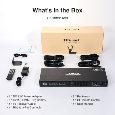 TESmart HDMI KVM Switcher 8 Port HDMI KVM Switch 4K30Hz Support RS232/LAN HDMI KVM switch 8 port 4K Autoscan, Rackmount, RS232 TESmart