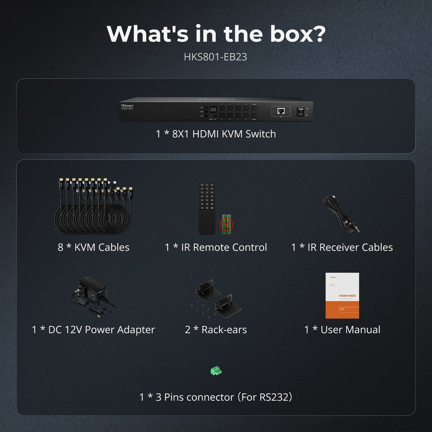 TESmart HDMI KVM Switcher 8 Port HDMI KVM Switch 4K30Hz Support RS232/LAN, Upgraded for Broader Compatibility and Stability HDMI KVM switch 8 port 4K Autoscan, Rackmount, RS232 TESmart