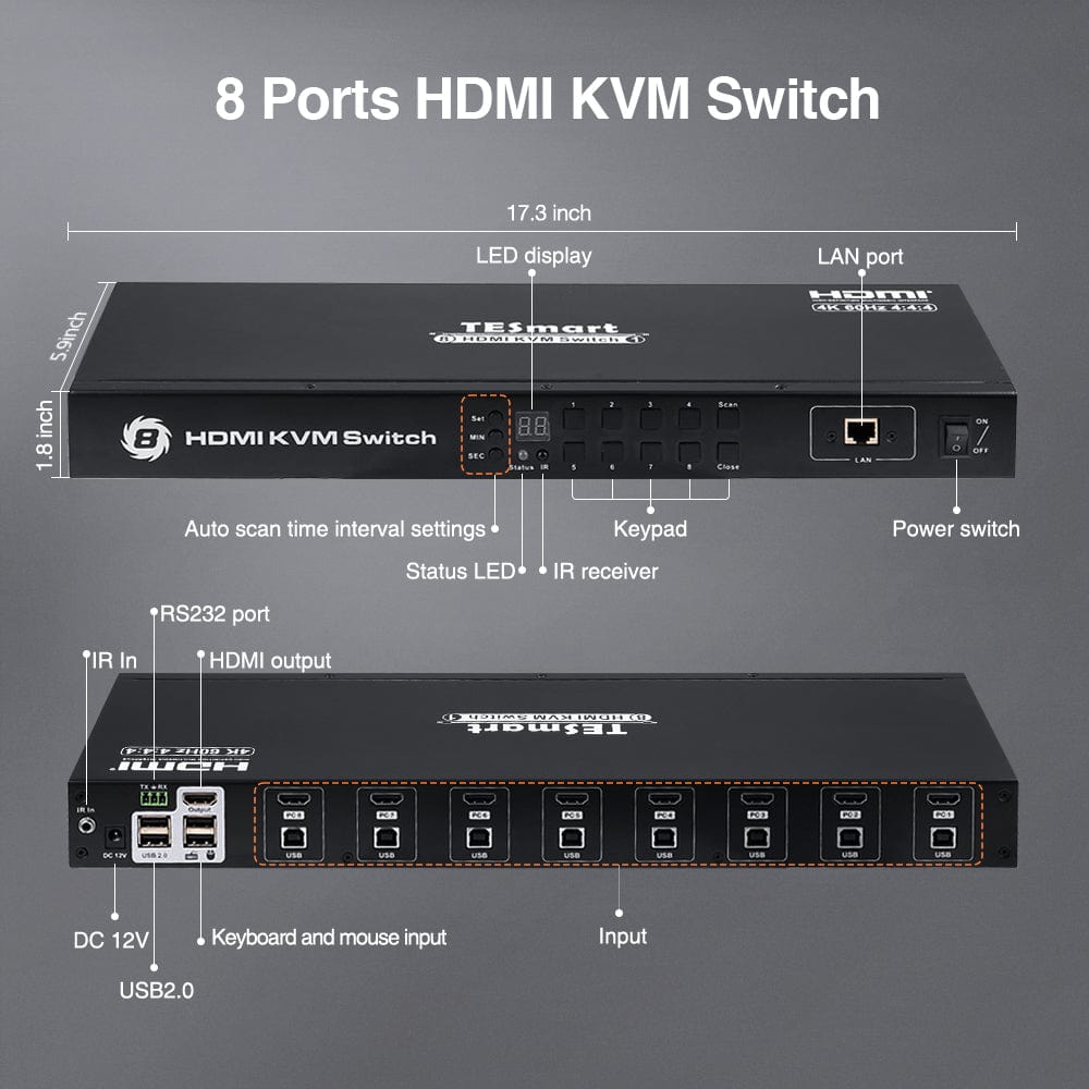 TESmart HDMI KVM Switcher 8 Port HDMI KVM Switch 4K60Hz Support RS232/LAN Control HDMI KVM switch 8 port 4K60Hz Autoscan, Rackmount, RS232 TESmart
