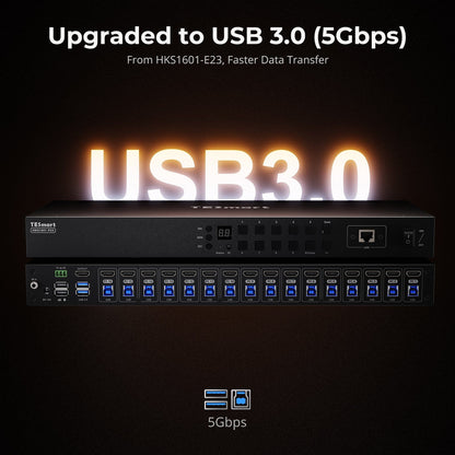 TESmart HDMI KVM Switcher Upgraded 16 Port HDMI KVM Switch with USB 3.0 (5Gbps), 4K60Hz, and RS232/LAN Control HDMI KVM switch 16 port 4K60Hz Autoscan, Rackmount, RS232 TESmart