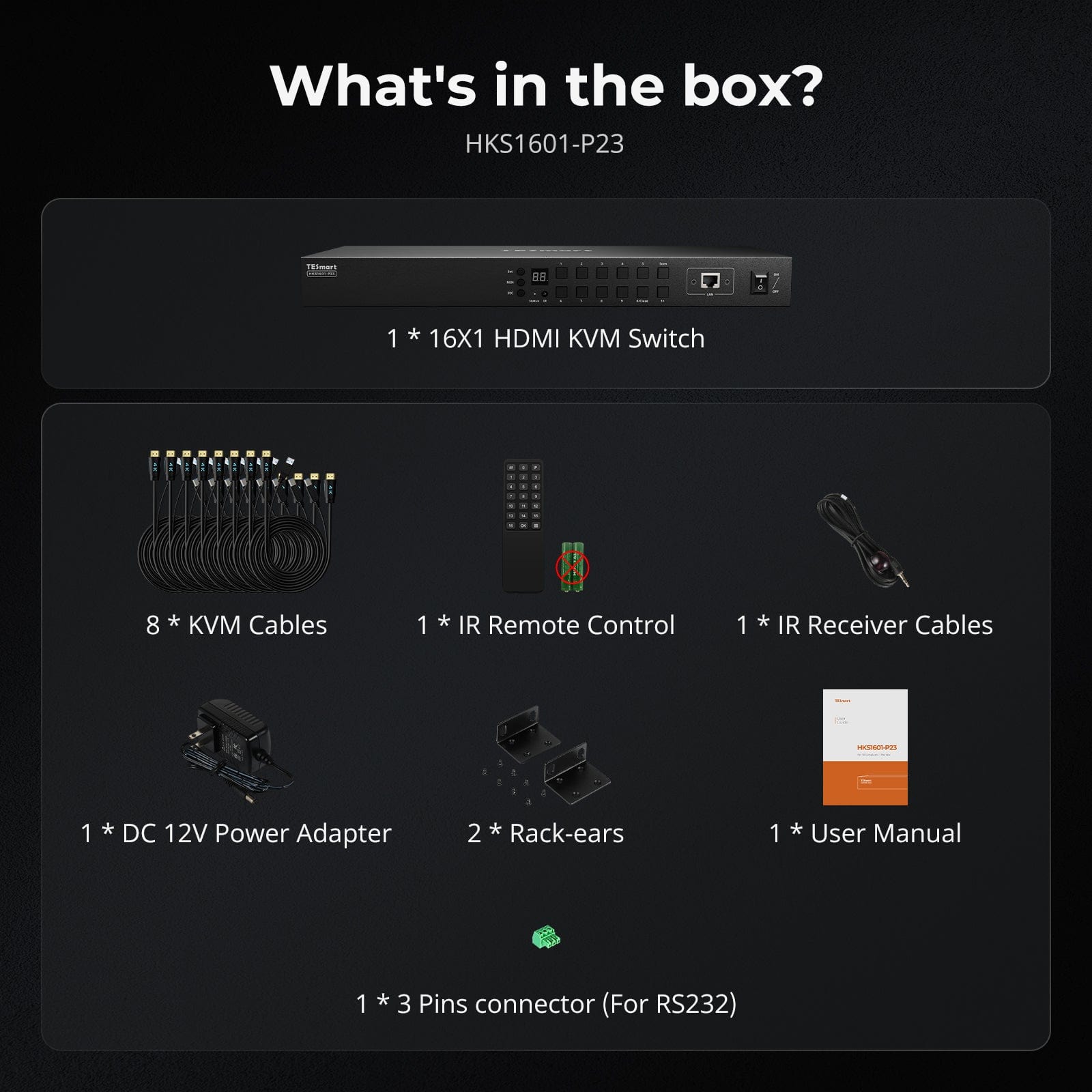 16-Port HDMI KVM Switch with USB 3.0, 4K60Hz, EDID, RS232/LAN