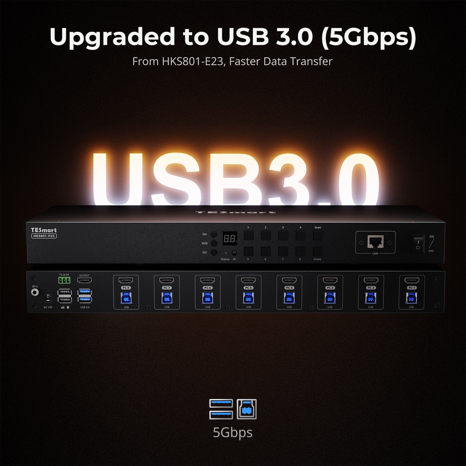 TESmart HDMI KVM Switcher Upgraded 8 Port HDMI KVM Switch with USB 3.0 (5Gbps), 4K60Hz, and RS232/LAN Control HDMI KVM switch 8 port 4K60Hz Autoscan, Rackmount, RS232 TESmart