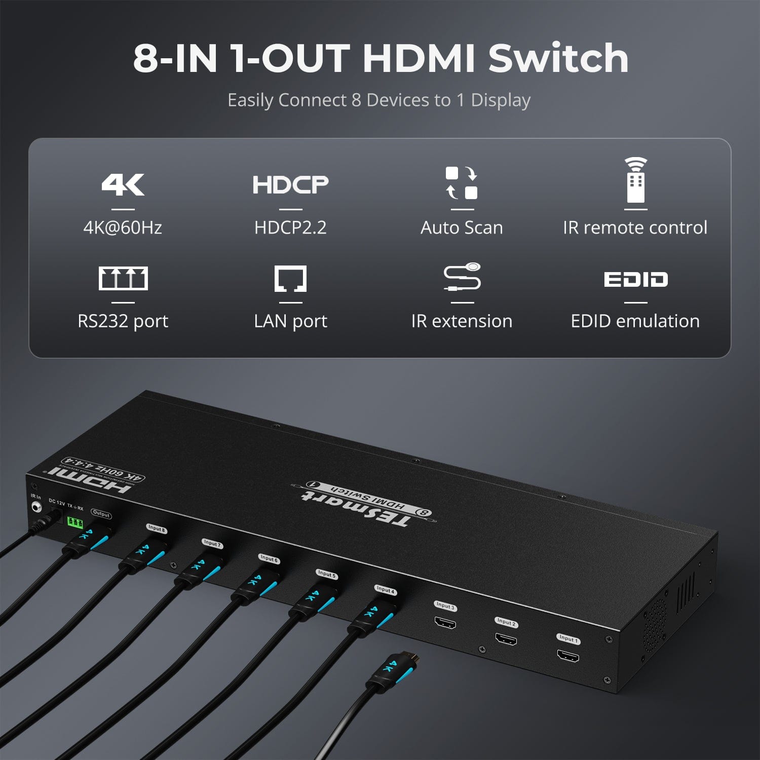 Commutateur KVM HDMI 8 Ports TESmart - 4K@30Hz Pour 8 PC 1 écran, Avec EDID, Télécommande IR, RS232