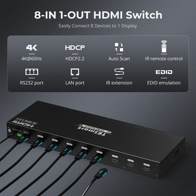 TESmart HDMI Switcher 8 Port Rackmount HDMI Switch 4K@60Hz with RS232/LAN 8 Port HDMI Switch 4K 60Hz Auto Switch With RS232/LAN-TESmart