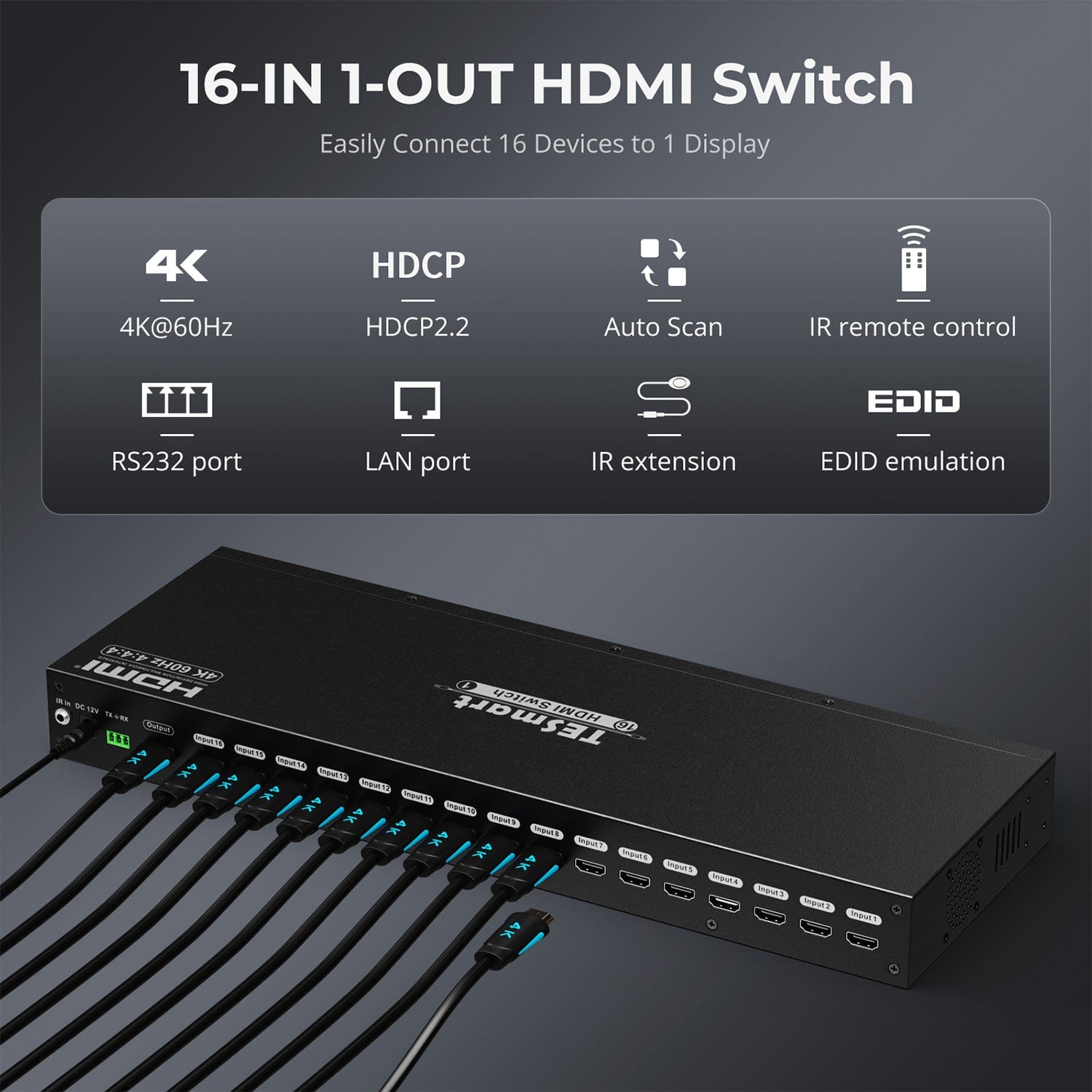 TESmart HDMI Switcher TESmart 16 Port HDMI Switch 4K UHD 3840x2160@60Hz HDMI Switcher Box with RS232 LAN Port Support HDCP 2.2 HDMI Switch 16 Port 4K 60Hz Auto Switch With RS232/LAN-TESmart