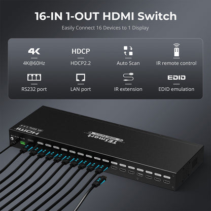 TESmart HDMI Switcher TESmart 16 Port HDMI Switch 4K UHD 3840x2160@60Hz HDMI Switcher Box with RS232 LAN Port Support HDCP 2.2 HDMI Switch 16 Port 4K 60Hz Auto Switch With RS232/LAN-TESmart