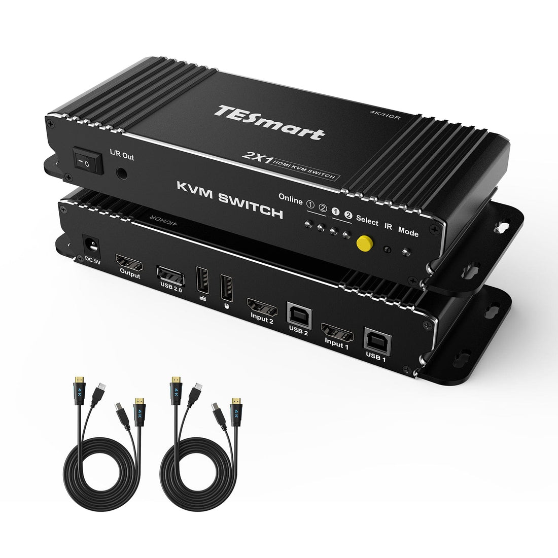 TESmart HKS0201B2U-USBK HDMI KVM Switcher 2 Port KVM Switch Kit HDMI 4K60Hz with EDID, 2 PCs 1 Monitor - B Series 10659135226815 HDMI KVM switch 2 port 4K60Hz with EDID,USB hub,L/R Audio TESmart US Plug / Black