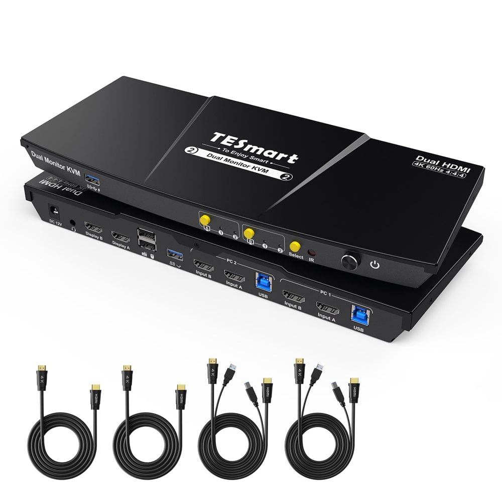 TESmart HKS202-P23-USBK Dual Monitor KVM Switcher 2 Port Dual Monitor KVM Switch Kit HDMI 4K60Hz with USB 3.0 Docking Station, EDID 10659135228178 2 Port Dual Monitor KVM Switch Kit HDMI 4K60Hz with USB 3.0 Docking Station, EDID US Plug