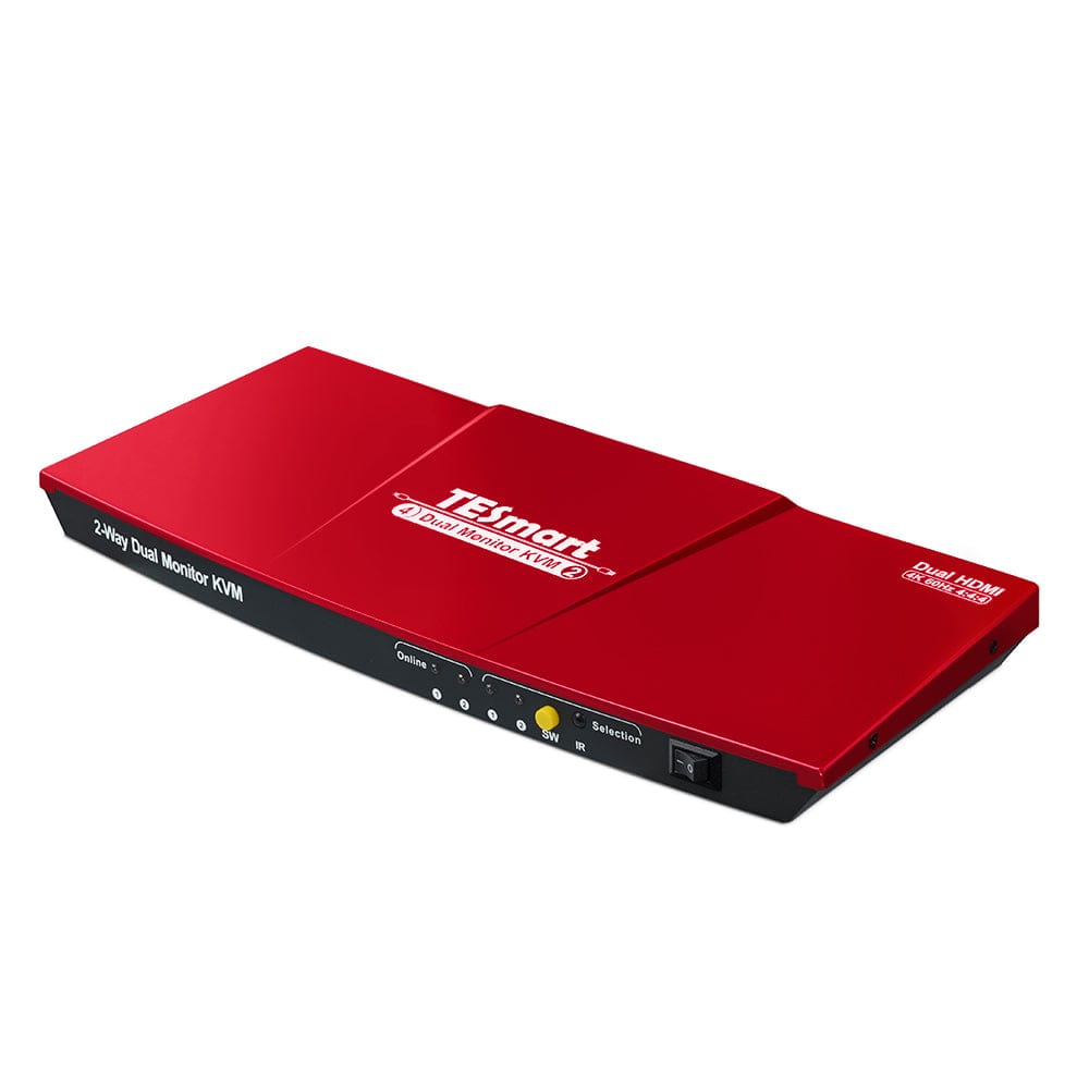 TESmart HKS202-P23-USRD Dual Monitor KVM Switcher 2 Port Dual Monitor KVM Switch Kit HDMI 4K60Hz with USB 3.0 Docking Station, EDID 2 Port Dual Monitor KVM Switch Kit HDMI 4K60Hz with USB 3.0 Docking Station, EDID US Plug（Red）