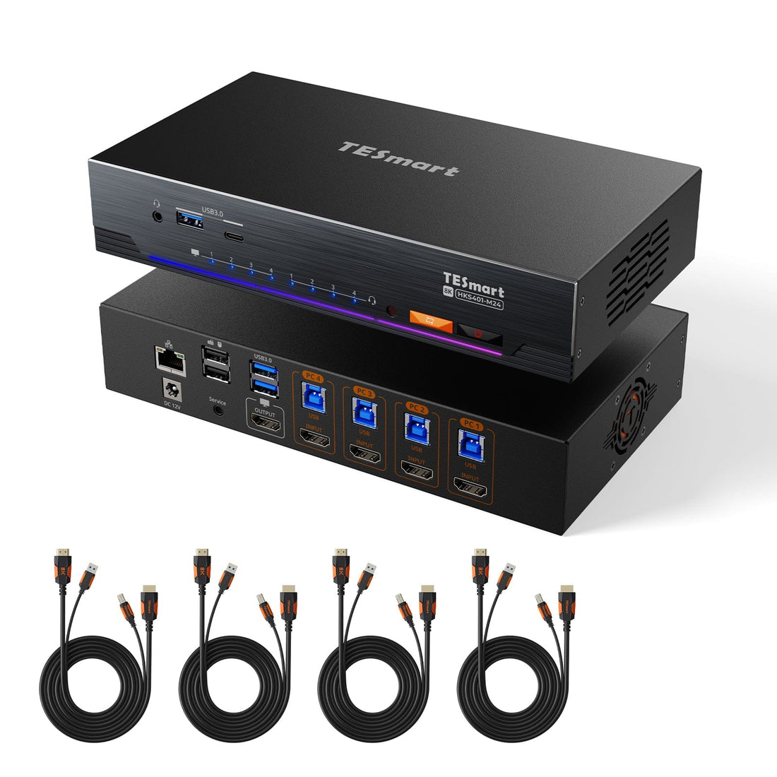 TESmart HKS401-M24-USBK 4-Port 8K60 HDMI 2.1 KVM Switch with Built-in Network Switch, USB 3.2 Hub, Gigabit LAN, RGB Light Bar &amp; Remote, 4 PCs 1 Monitor 10652805092048 4-Port 8K60 HDMI 2.1 KVM Switch w/ Built-in Network, Gigabit LAN, USB 3.2 Hub &amp; Remote, for Pro &amp; Home Use, 4 PCs 1 Monitor US Plug