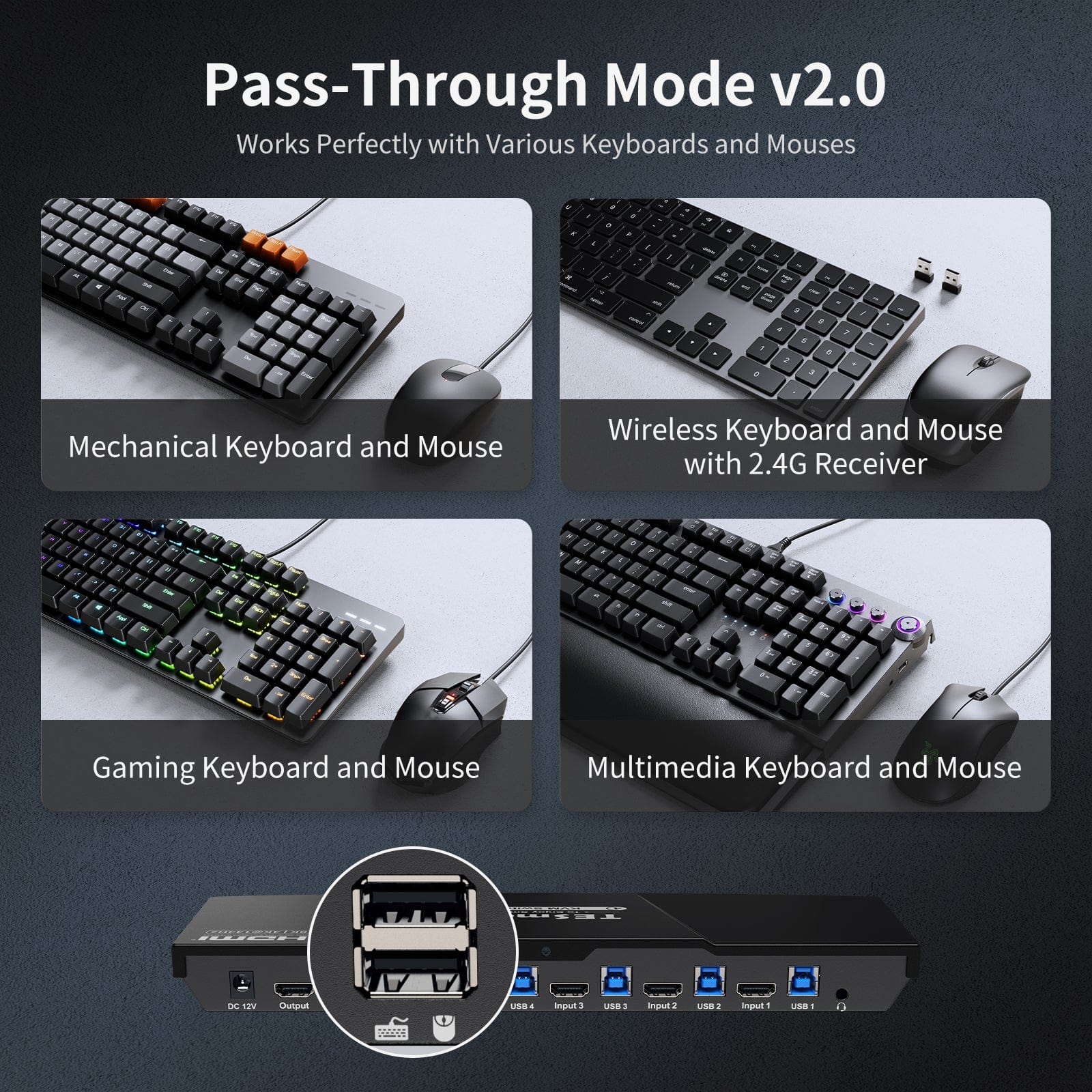 TESmart HKS401-P23-USBK Single Monitor KVM Switch 4-Port 8K60 HDMI 2.1 KVM Switch w/ ADI Chip, EDID, 4K144Hz for Gaming, 4 PCs 1 Monitor 10652805090556 US Plug