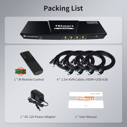 TESmart HKS401-P23-USBK Single Monitor KVM Switch 4 Port KVM Switch Kit HDMI 4K60Hz with USB 3.0 Docking Station, 4 PCs 1 Monitor 10652805090396 US Plug