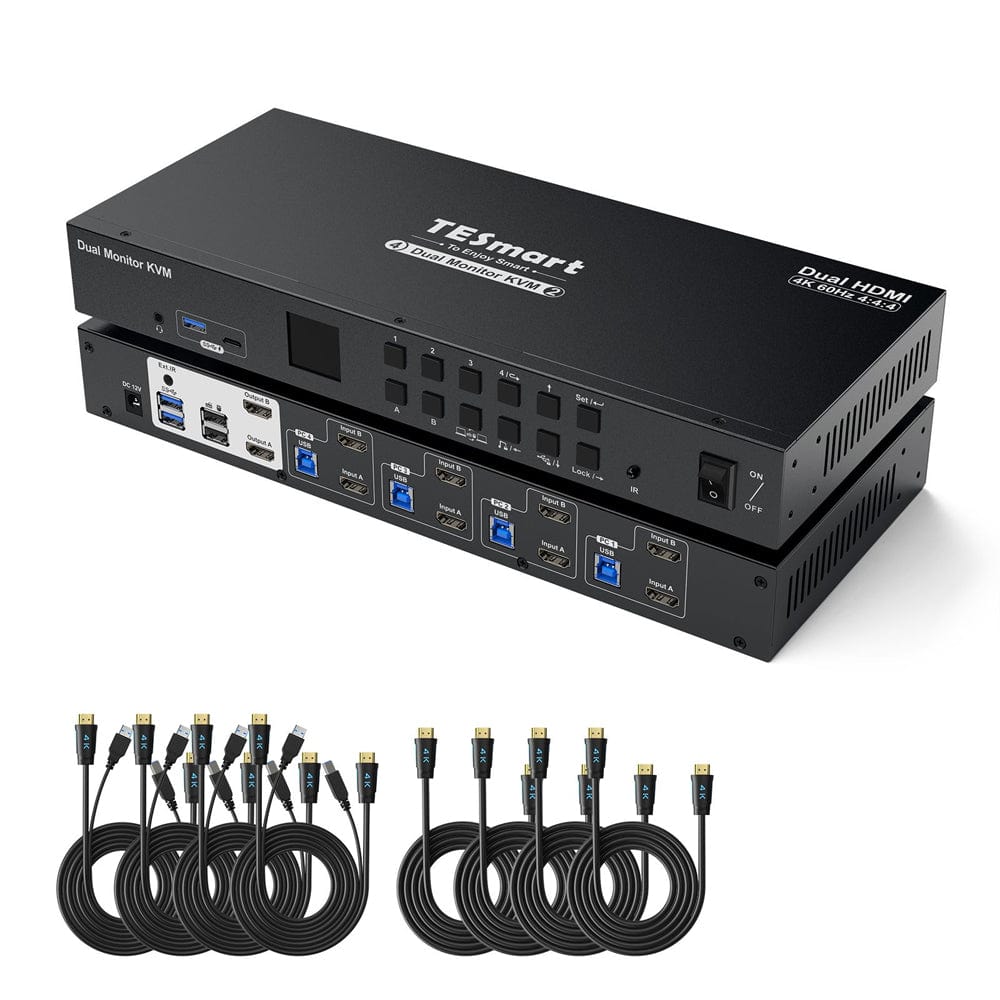 TESmart HKS402-P23-USBK Dual Monitor KVM Switcher 4 Port Dual Monitor KVM Switch Kit HDMI 4K60Hz with USB 3.0 Docking Station, EDID 10659135228338 4 Port Dual Monitor KVM Switch Kit HDMI 4K60Hz with USB 3.0 Docking Station, EDID US Plug
