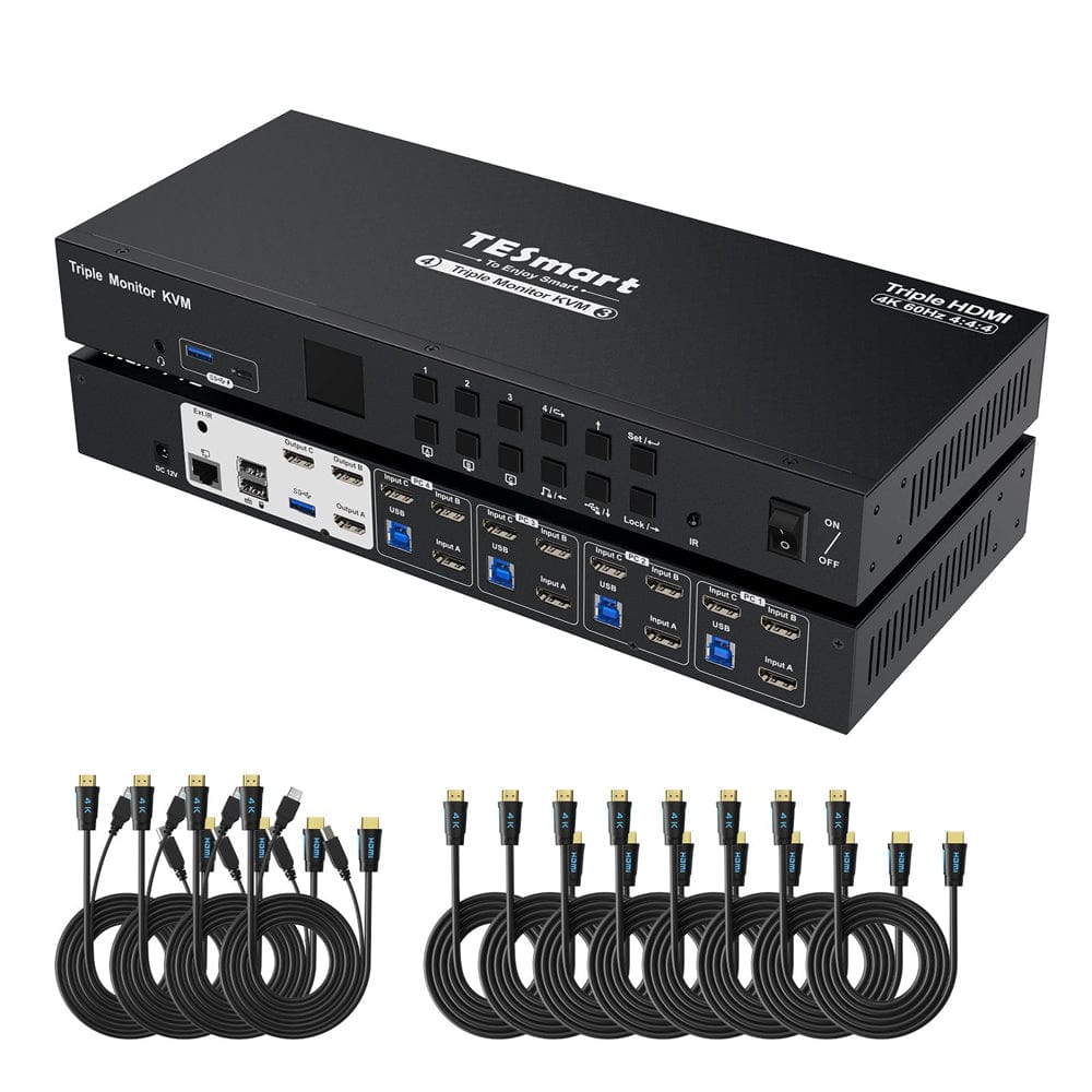 TESmart HKS403-P23-USBK Triple Monitor KVM Switch 4 Port Triple Monitor KVM Switch HDMI 4K60Hz with USB 3.0 Hub, Headset, Audio&Microphone 10659135227058 Triple Monitor KVM Switch – 4 Port HDMI 4K with USB Hub | TESmart US Plug