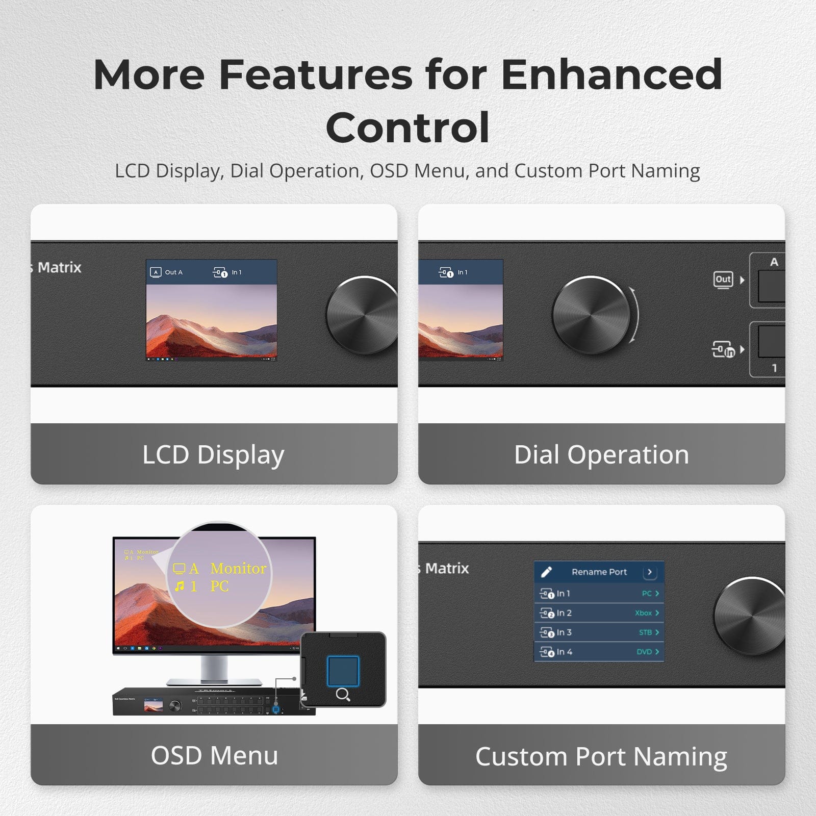 TESmart HMA808-ES23-USBK HDMI Matrix 8x8 HDMI Seamless Matrix Switch 1920x1080@60Hz Quad-View w/LCD, Audio Splitting and Preview Mode 10652805090600 8x8 HDMI Seamless Matrix Switch 1920x1080@60Hz Quad-View w/LCD, Audio Splitting and Preview Mode US Plug