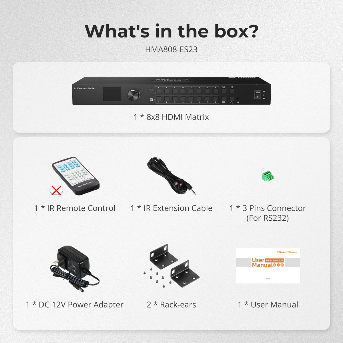 TESmart HMA808-ES23-USBK HDMI Matrix 8x8 HDMI Seamless Matrix Switch 1920x1080@60Hz Quad-View w/LCD, Audio Splitting and Preview Mode 10652805090600 8x8 HDMI Seamless Matrix Switch 1920x1080@60Hz Quad-View w/LCD, Audio Splitting and Preview Mode US Plug
