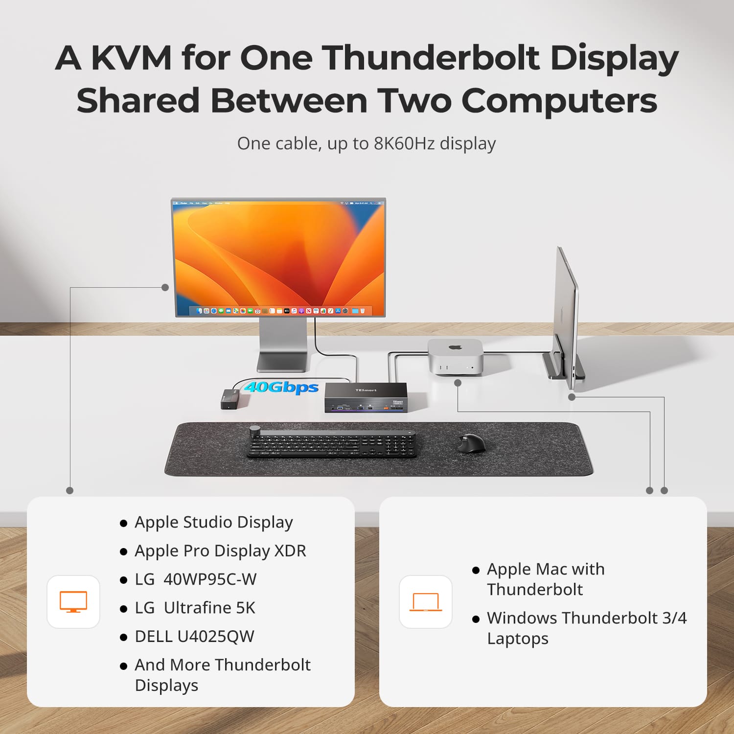 TESmart KVM Switch 2-Port Dual-Monitor KVM for Apple Studio Display – Up to 5K@60Hz, Compatible with Thunderbolt™ 4 Devices 2-Port Dual-Monitor KVM for Apple Studio Display – Up to 5K@60Hz, Compatible with Thunderbolt™ 4 Devices