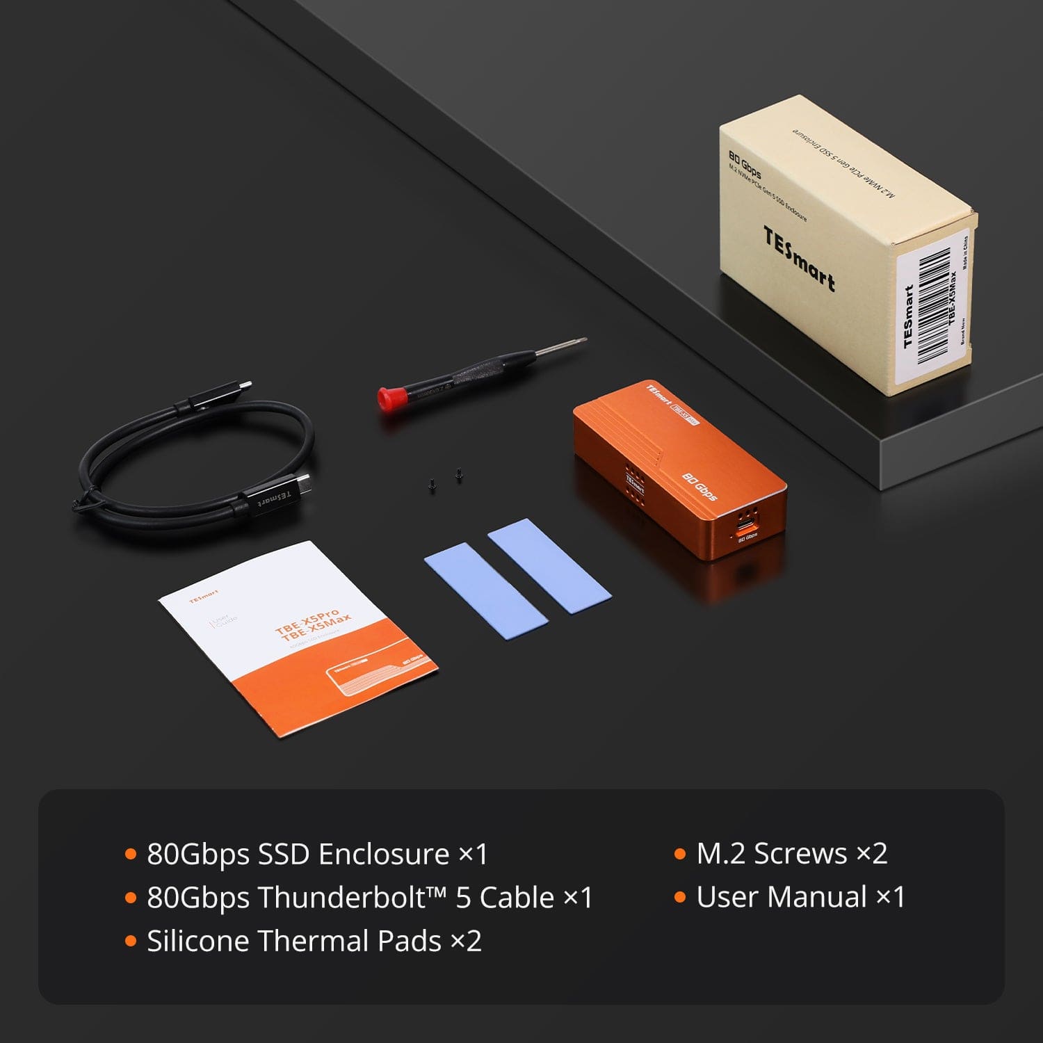 TESmart TBE-X5MAX 80Gbps SSD Enclosure via Dual-Chip Design (Intel JHL9480 + ASM2364) – Featuring Active Cooling &amp; Universal Thunderbolt 5/USB4/USB 3.2 Gen2x2 Support for Demanding Workflows Across Diverse Devices. 80Gbps SSD Enclosure via Dual-Chip Design (Intel JHL9480 + ASM2364) – Featuring Active Cooling &amp; Universal Thunderbolt 5/USB4/USB 3.2 Gen2x2 Support for Demanding Workflows Across Diverse Devices.