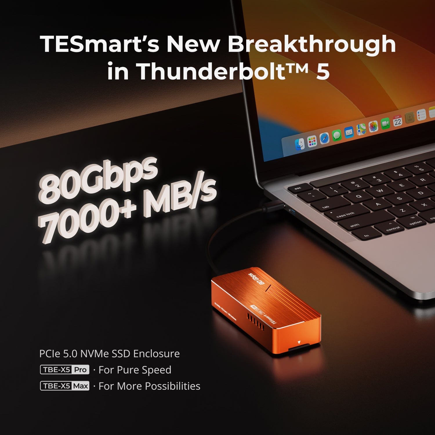 TESmart TBE-X5MAX NEW TBE-X5Max USB4 80Gbps PCIe 5.0 NVMe SSD Enclosure · Thunderbolt 5/4/3 &amp; USB 3.x Compatible · Up to 7000 MB/s 10652805092277 TBE-X5Max · Up to 7000 MB/s · USB4 80Gbps PCIe 5.0 SSD Enclosure · TB5/4/3 &amp; USB3.x