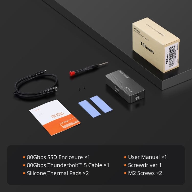 TESmart TBE-X5PRO NEW TBE-X5Pro USB4 80 Gbps PCIe 5.0 NVMe SSD Enclosure · Thunderbolt 5 / 4 / 3 Compatible · Up to 7000 MB/s 10652805092260 TBE-X5Pro · Up to 7000 MB/s · USB4 80Gbps PCIe 5.0 SSD Enclosure · TB5/4/3