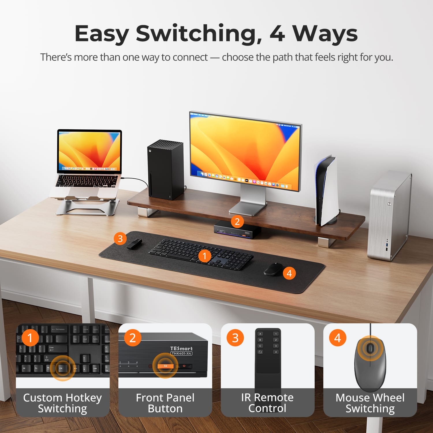 TESmart THK401-X4-USBK 4-Port 6K60Hz &amp; 5K120Hz KVM Switch for Mac &amp; HDMI Devices – USB 10Gbps Hub, 60W PD, Dual HDMI Inputs, Apple Studio Display Support 4-Port 6K60Hz &amp; 5K120Hz KVM Switch for Mac &amp; HDMI Devices – USB 10Gbps Hub, 60W PD, Dual HDMI Inputs, Apple Studio Display Support